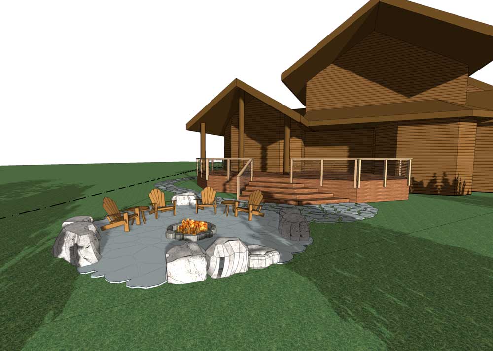 Design Concept 3D model for a residential patio with gas fire pit. durango, colorado, architecture, landscape architecture, 3d model, rendering, drawing, patio, deck, hardscape, stone, boulders, flagstone, fire pit, design